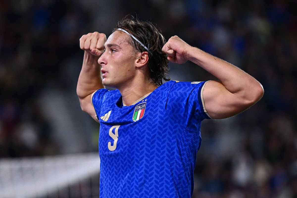 Pio Esposito of Italy celebrates scoring his team’s third goal during the UEFA Nations League 2026/27 group phase match between Italy and Türkiye at Renato Dall'Ara Stadium on October 05, 2026 in Bologna, Italy.