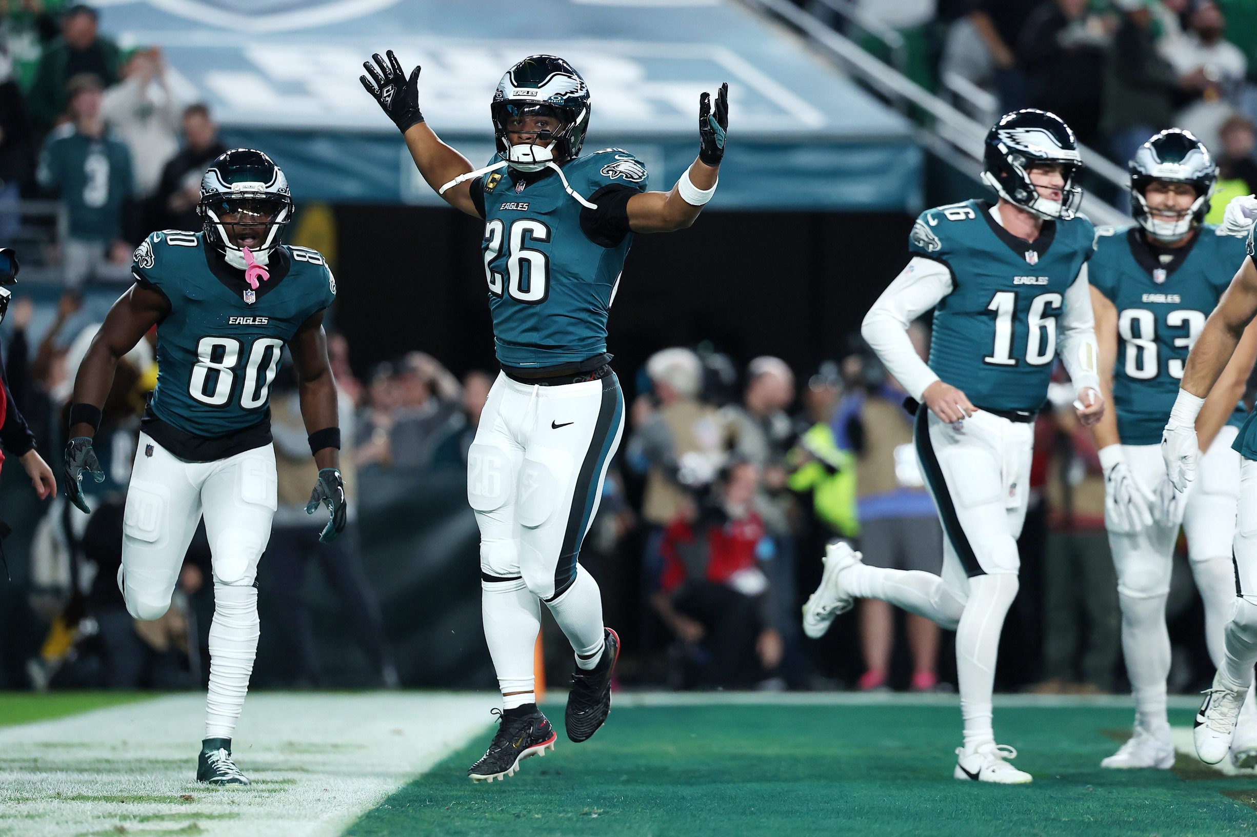 Oct 26, 2026; Philadelphia, Pennsylvania, USA;  Philadelphia Eagles running back Saquon Barkley (26) celebrates after scoring a touchdown during the first quarter against the Dallas Cowboys at Lincoln Financial Field.  Mandatory Credit: Bill Streicher-Imagn Images