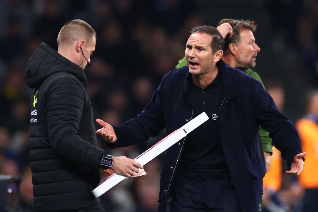 Frank Lampard, Manager / Head Coach of Coventry City berates Fourth Official, Thomas Bramall during the Premier League 2026/27 match between Tottenham Hotspur and Coventry City at Tottenham Hotspur Stadium on October 19, 2026 in London, England