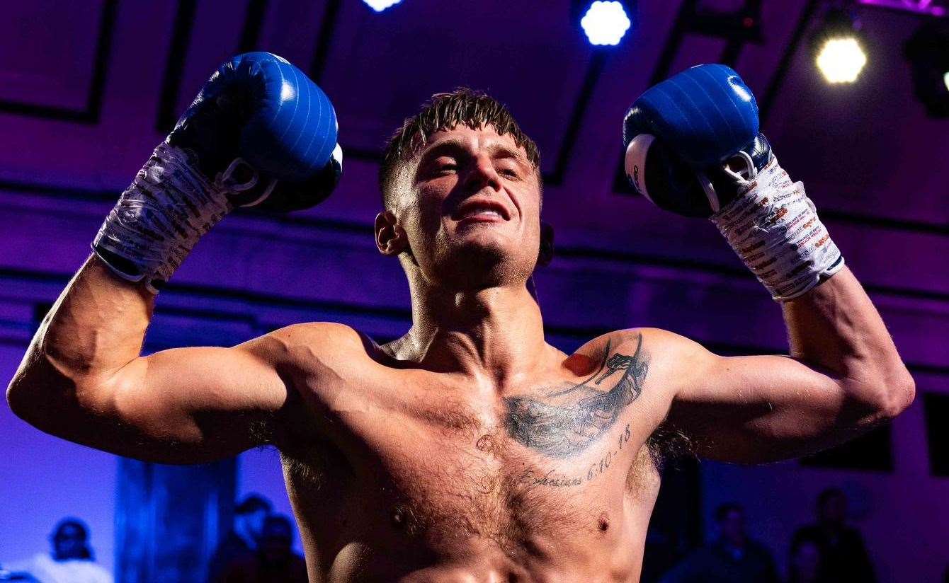 Herne Bay's Freddie Ketteringham celebrates securing victory on his professional debut at London's York Hall. Picture: Brett King (shootproof.com)
