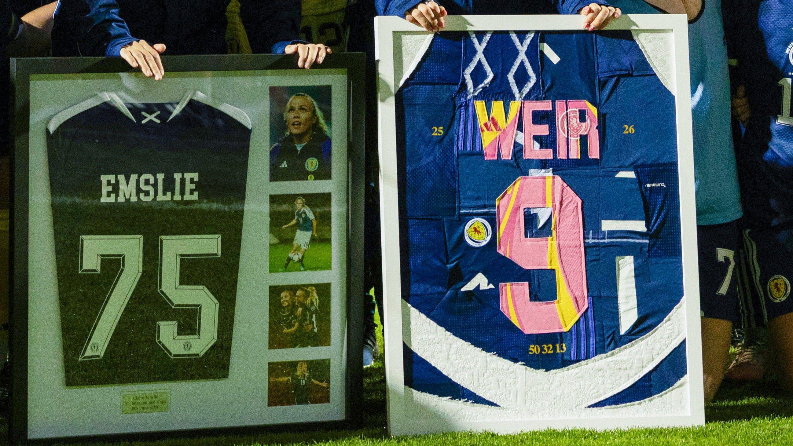 Claire Emslie received a shirt in recognition of her 75th Scotland cap while Caroline Weir was presented with a commemorative shirt to mark her consecutive Ballon d'Or nominations