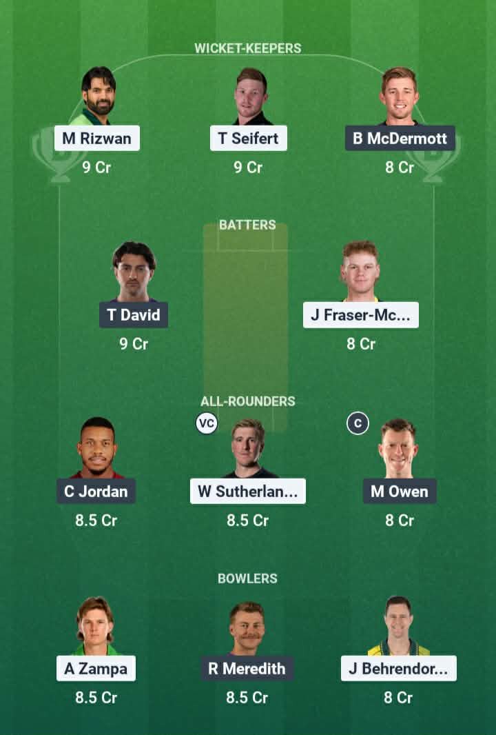 Screenshot from Dream11 app. Possible XIs, Fantasy Cricket Tips, Geelong Pitch Report & Dream11 Prediction for the 8th Match of BBL 2025/26: REN vs HUR Today.