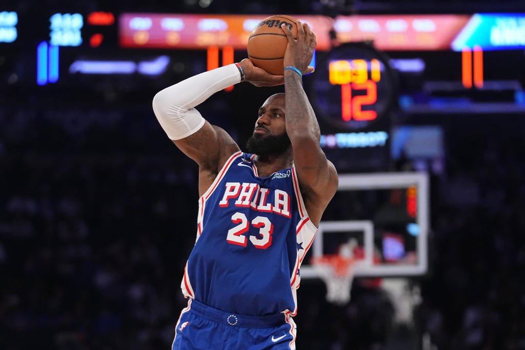 Philadelphia 76ers forward LeBron James shoots during the second half of an NBA basketball game against the New York Knicks on Tuesday. Photo: AP