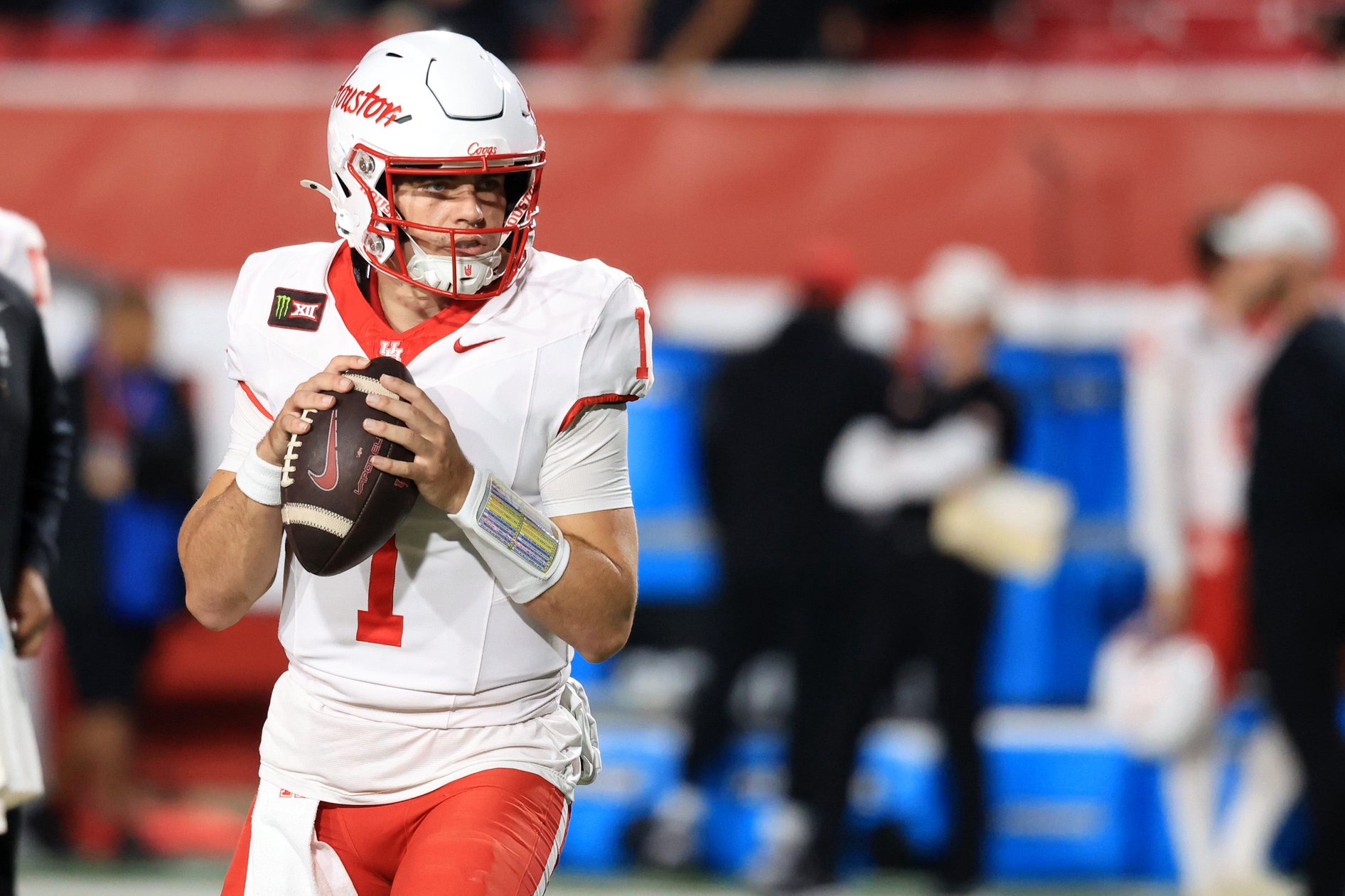 Oct 24, 2026; Salt Lake City, Utah, USA;  Houston Cougars quarterback Conner Weigman (1) warms up before the game against the Utah Utes at Rice-Eccles Stadium.  Mandatory Credit: Rob Gray-Imagn Images