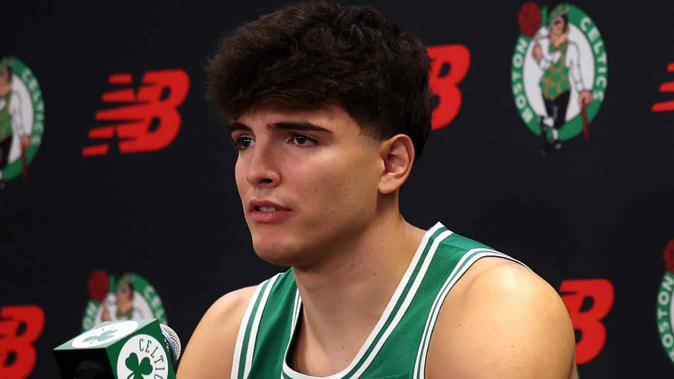 BOSTON, MASSACHUSETTS - SEPTEMBER 28: Hugo Gonzalez #28 of the Boston Celtics answers questions during a press conference during Boston Celtics Media Day at Auerbach Center on September 28, 2026 in Boston, Massachusetts. NOTE TO USER: User expressly acknowledges and agrees that, by downloading and or using this photograph, User is consenting to the terms and conditions of the Getty Images License Agreement.