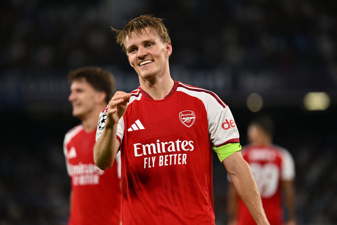 Martin Odegaard celebrates after scoring for Arsenal