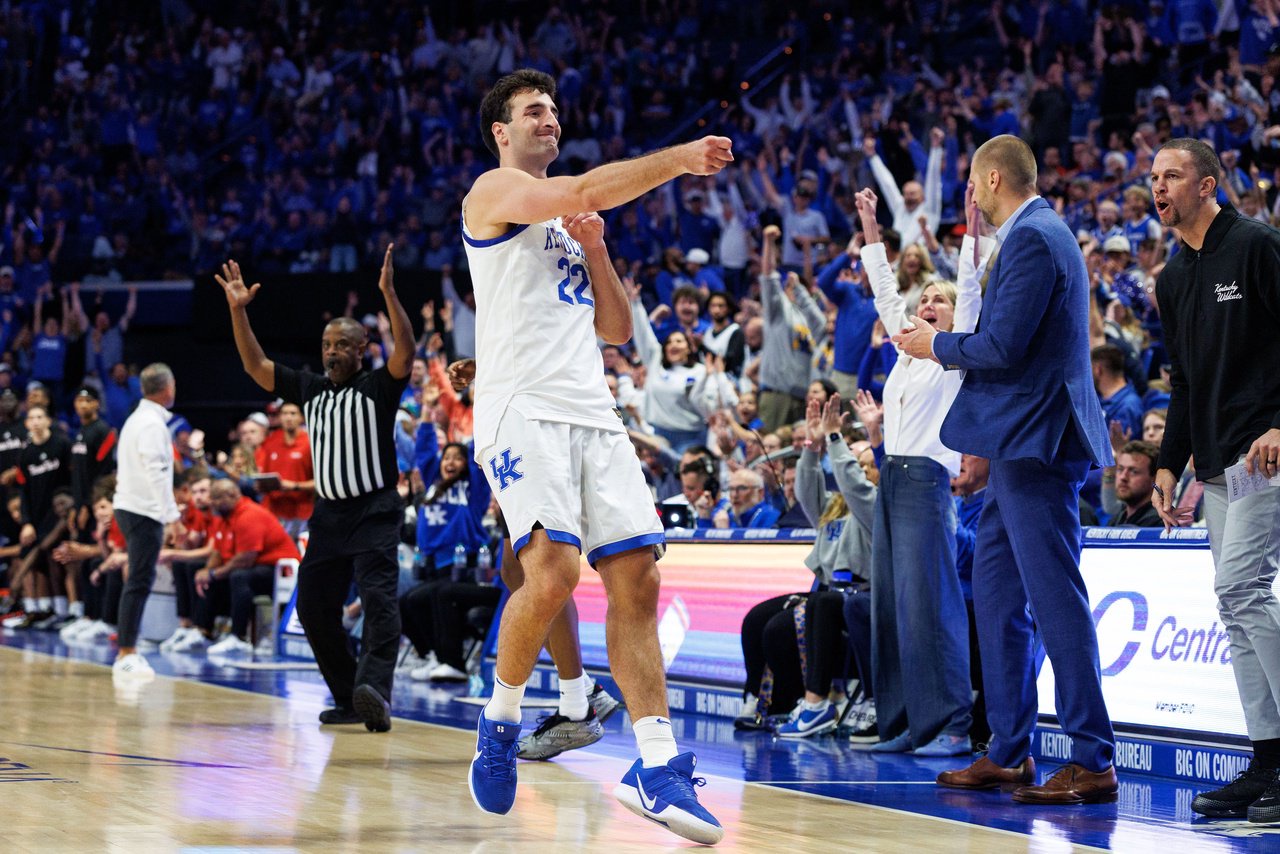 Oct 23, 2026; Lexington, KY, USA;  Kentucky Wildcats forward Milan Momcilovic (22) celebrates a three point basket during the second half against the Texas Tech Red Raiders at Rupp Arena Central Bank Center.  Mandatory Credit: Jordan Prather-Imagn Images