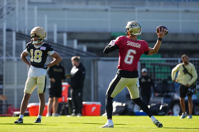 New Orleans Saints quarterback Tyler Shough (6) during an NFL football practice session in Versailles near Paris, Wednesday, Oct. 21, 2026. (AP Photo/Aurelien Morissard)