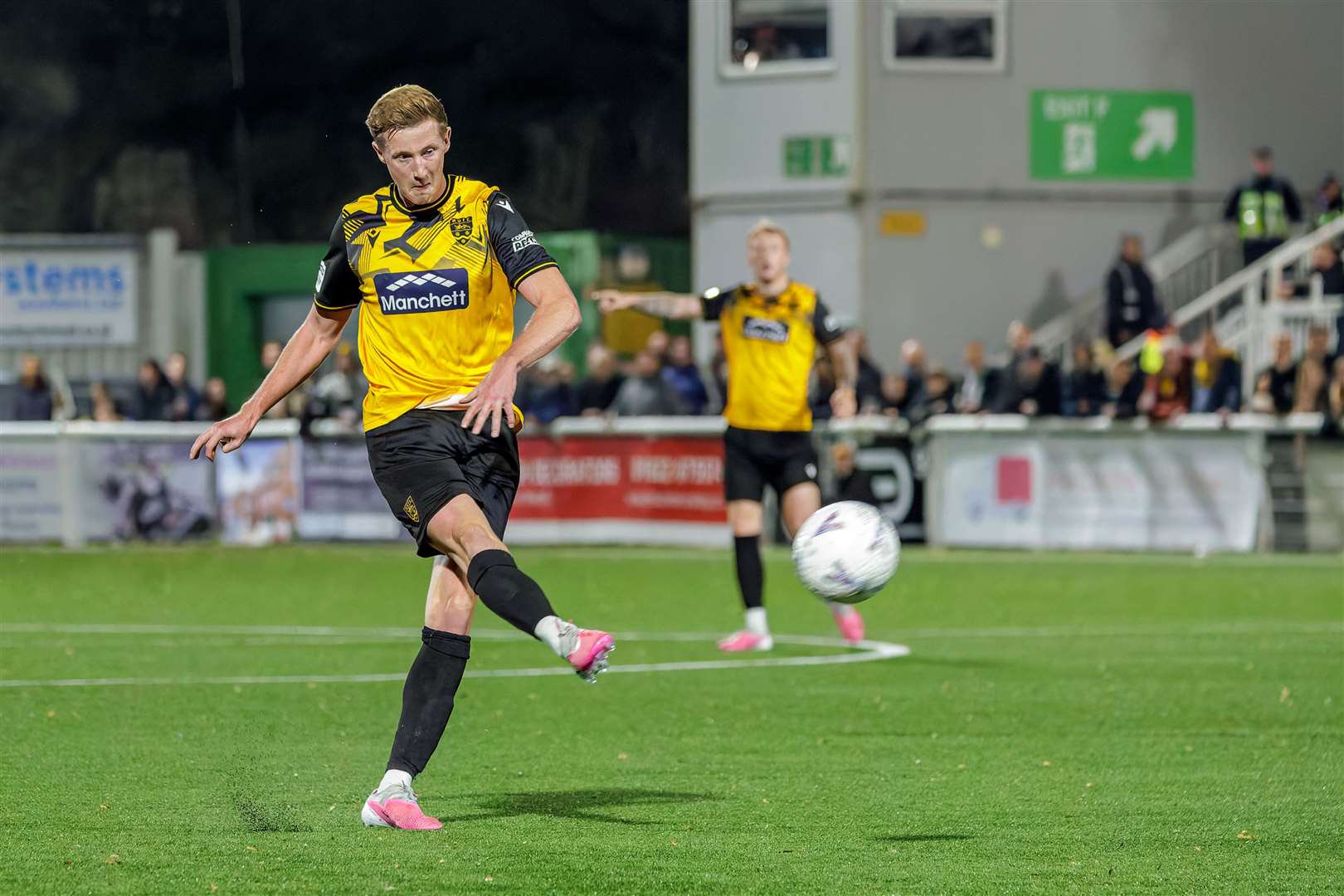 Ryan Hanson lets fly during Maidstone's derby clash with Ebbsfleet. Picture: Helen Cooper