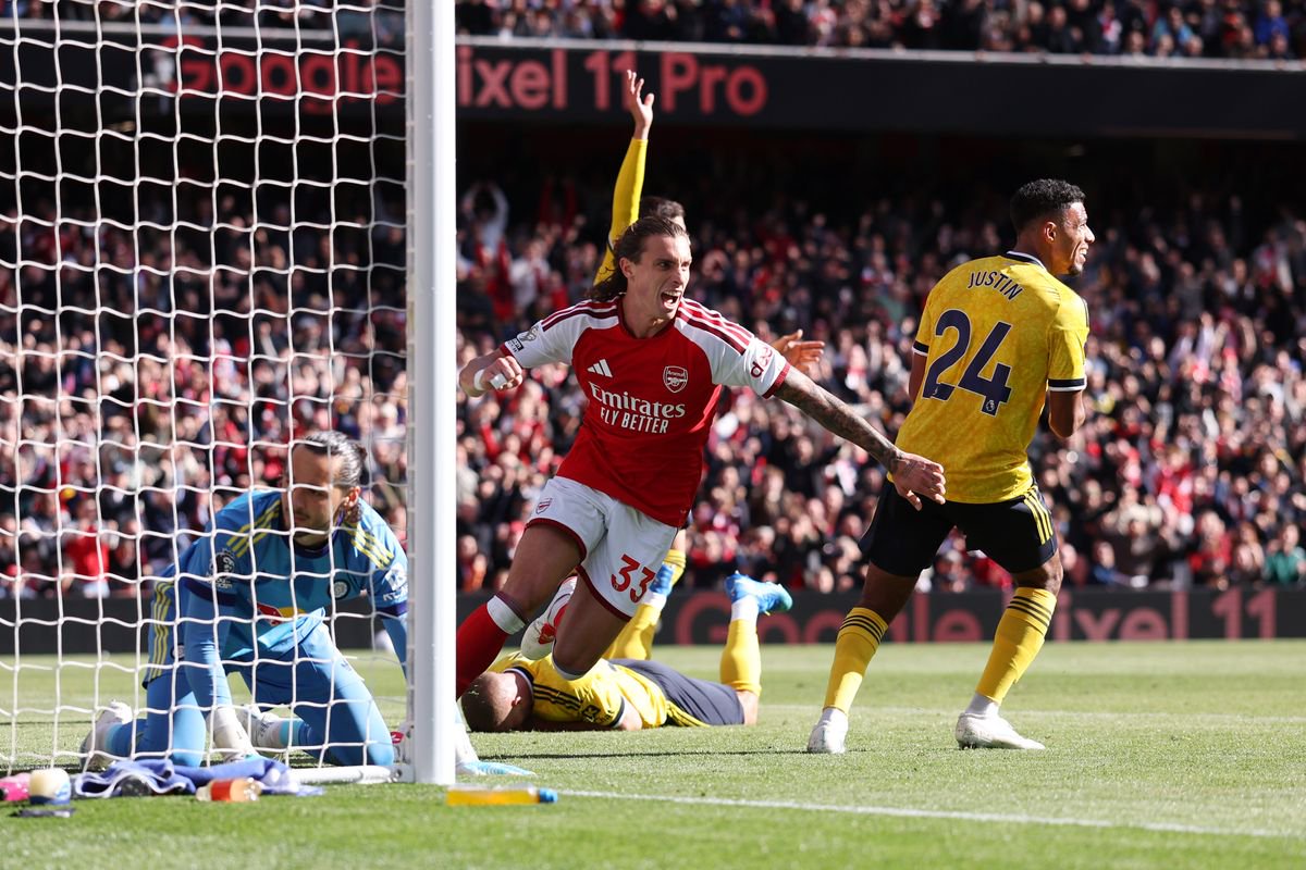 Riccardo Calafiori of Arsenal celebrates after scoring a goal to make it 1- during the Premier League 2026/27 match between Arsenal FC and Leeds United at Emirates Stadium on October 10, 2026 in London, England.