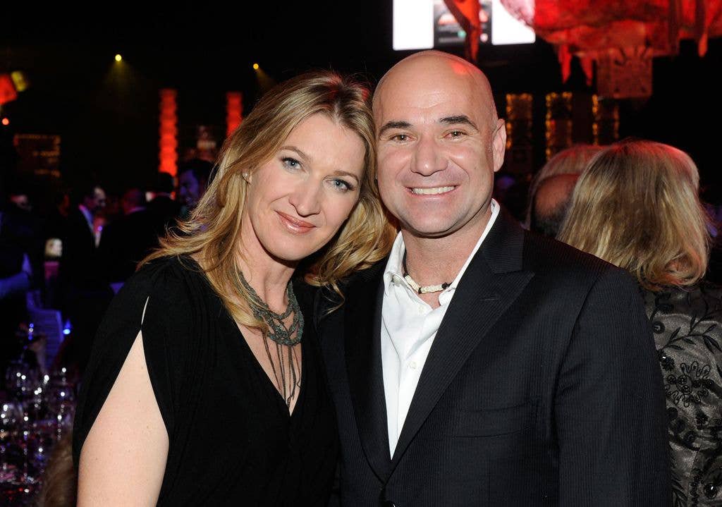 Former tennis players Steffi Graf (L) and Andre Agassi attend the Keep Memory Alive foundation's "Power of Love Gala" celebrating Muhammad Ali's 70th birthday at the MGM Grand Garden Arena February 18, 2012 