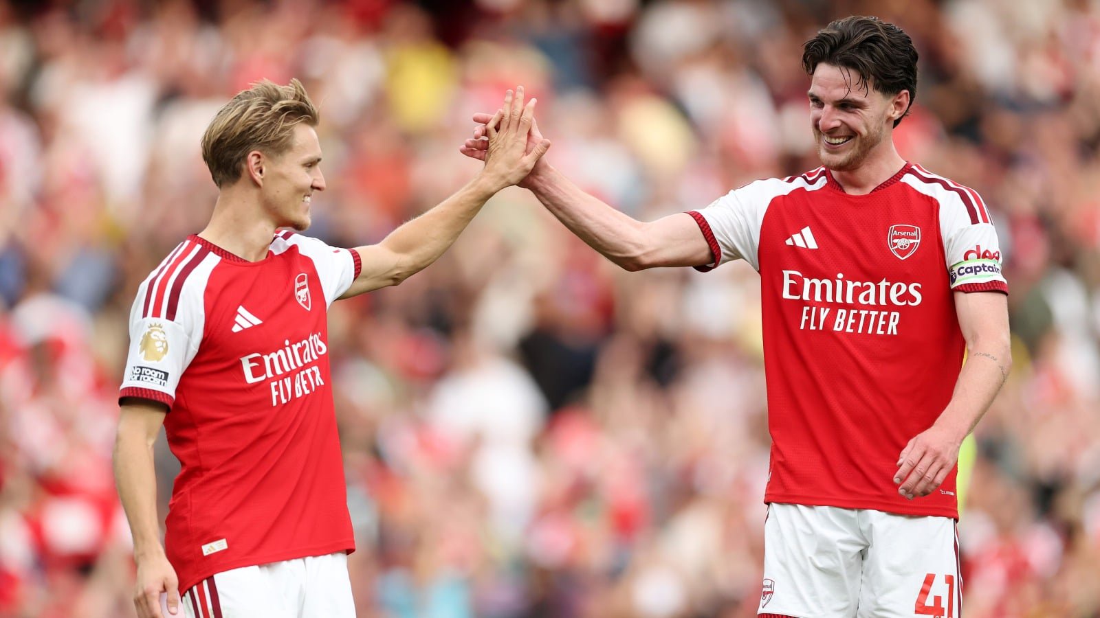 Martin Ødegaard and Declan Rice celebrate Arsenal's goal against Chelsea in the PL on Sept. 6, 2026