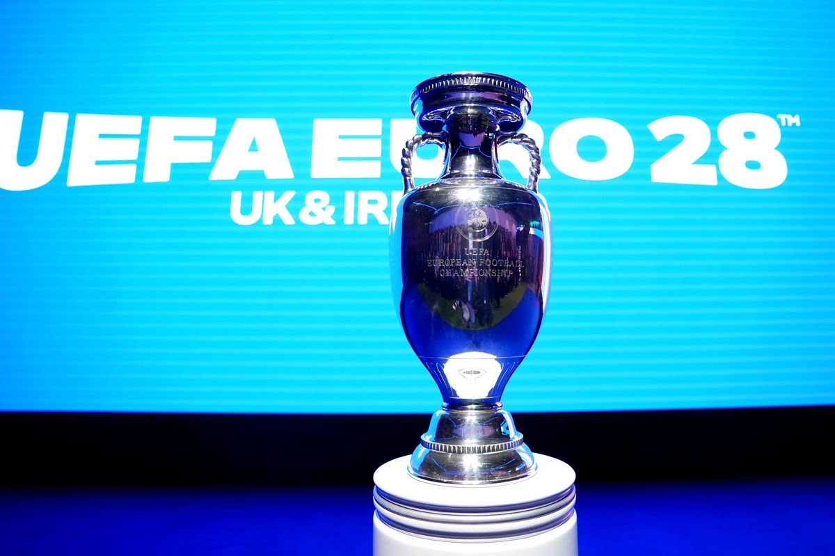 A general view of the The EURO trophy: Henri Delaunay Cup, ahead of the UEFA EURO 2028 launch at Below The Lights, Piccadilly Circus, London.