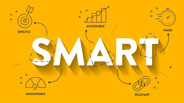 Smart Goals diagram infographic template with icons for presentation has specific, measurable, achievable, relevant and timed. Simple modern business vector. Personal goal setting and strategy system.
