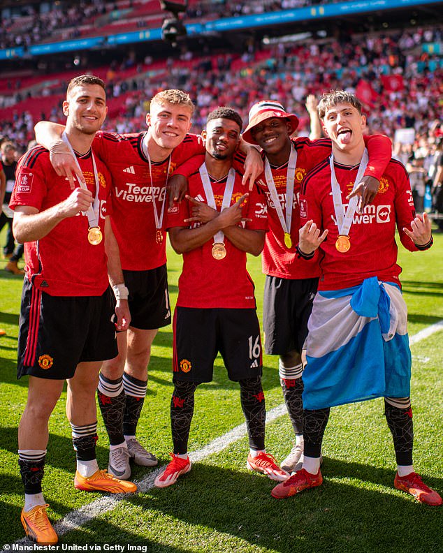 United claimed a crucial win over their local rivals to secure a spot in Europe thanks to goals from their two teenagers Mainoo (second from the right) and Garnacho (furthest right)