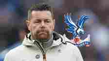 Crystal Palace boss Pierre Sage next to a cracked club badge