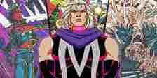 Magneto from X-Men '97 with Marvel Comics storylines in the background.