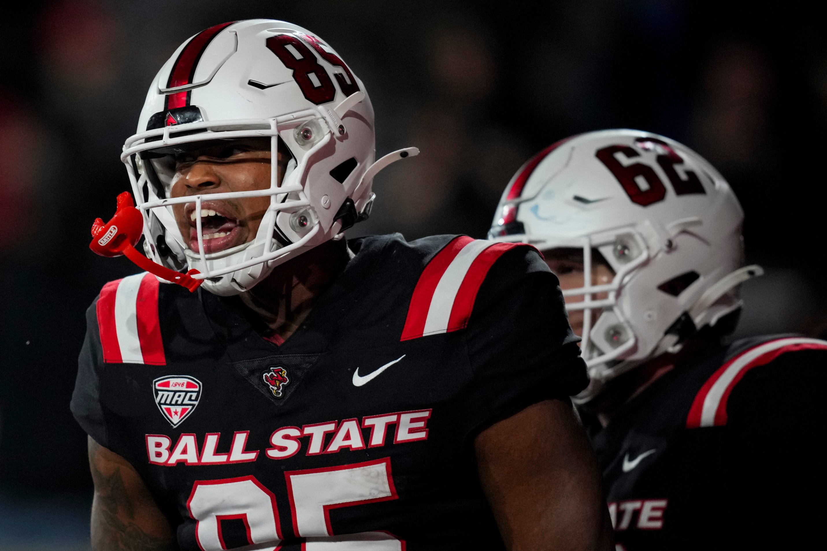 Nov 5, 2025; Muncie, Indiana, USA;  Ball State Cardinals tight end Kameron Anthony (85) celebrates with teammates after scoring a touchdown against the Kent State Golden Flashes in the second half at Scheumann Stadium. Mandatory Credit: Aaron Doster-Imagn Images