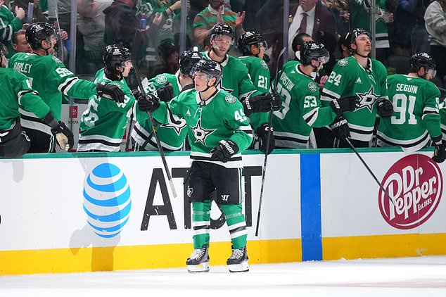 Dallas Stars center Justin Hryckowian skates by his bench after scoring a goal against the New Jersey Devils during the second period of an NHL hockey game Tuesday, Oct. 27, 2026, in Dallas. (AP Photo/Julio Cortez)