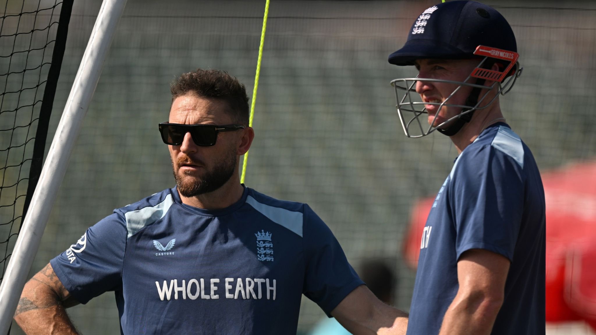 Brendon McCullum and Harry Brook during a net session before England's opening tri-series match against Pakistan