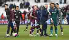 West Ham United's Jarrod Bowen, David Moyes, Alphonse Areola and Nayef Aguerd celebrate at the end of the match during the UEFA Europa Conference L...