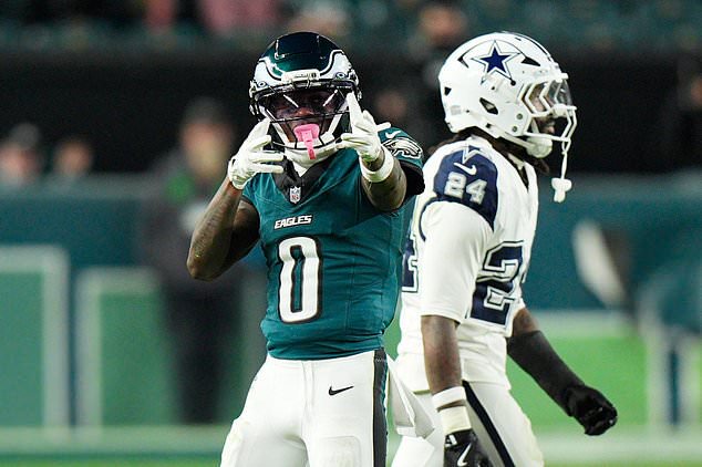 Philadelphia Eagles' Hollywood Brown celebrates a first down during the second half of an NFL football game against the Dallas Cowboys in Philadelphia, Monday, Oct. 26, 2026. (AP Photo/Chris Szagola)