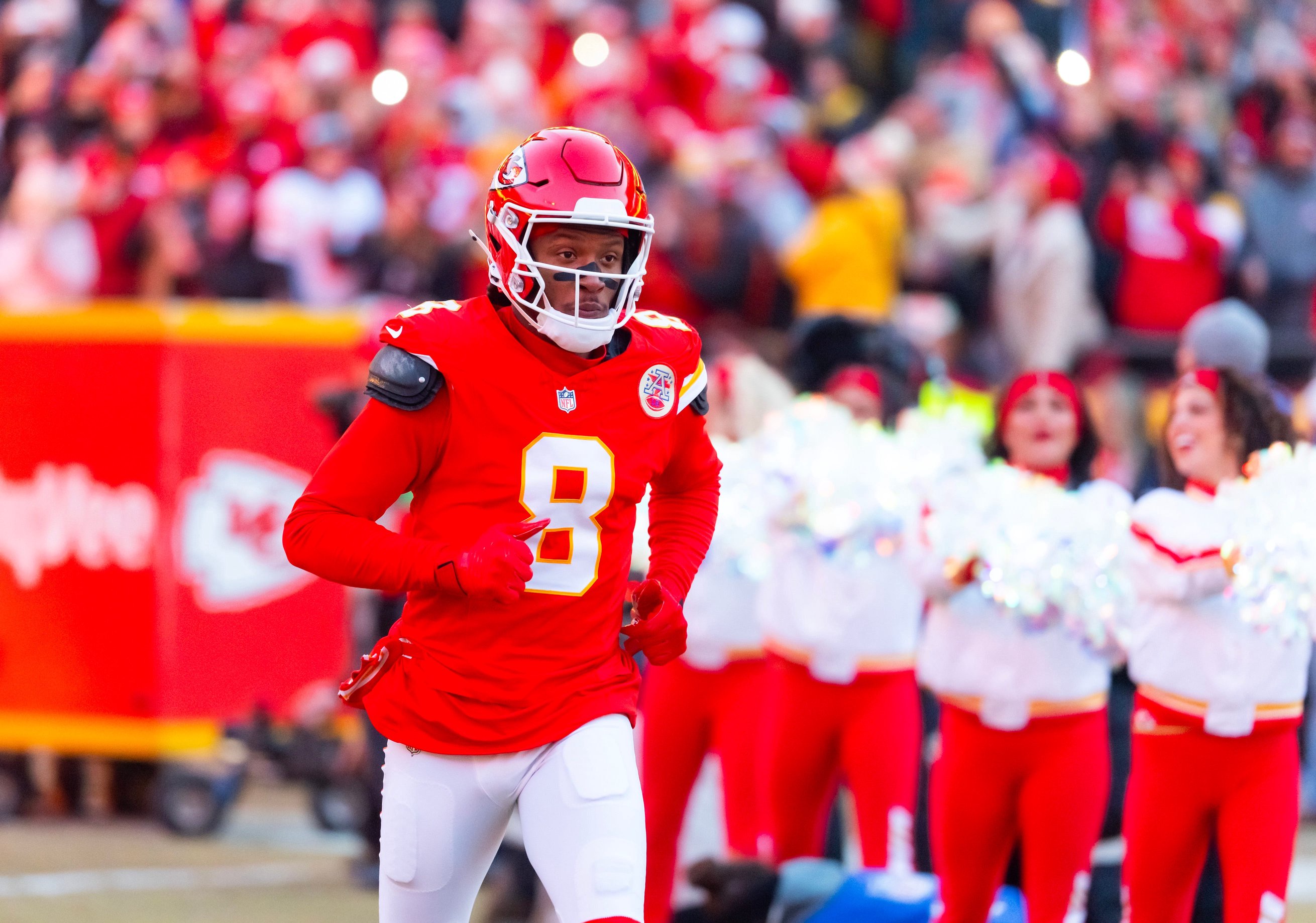 Jan 26, 2025; Kansas City, MO, USA; Kansas City Chiefs wide receiver DeAndre Hopkins (8) against the Buffalo Bills in the AFC Championship game at GEHA Field at Arrowhead Stadium. Mandatory Credit: Mark J. Rebilas-Imagn Images
