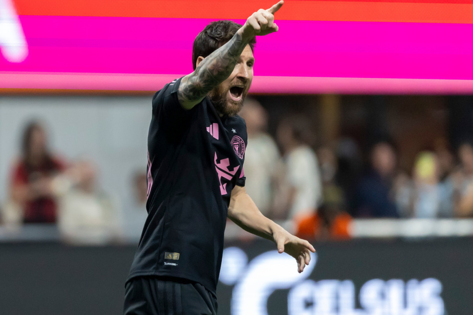 Lionel Messi celebrates after scoring one of two goals against Atlanta United in Inter Miami's 3-1 win.
