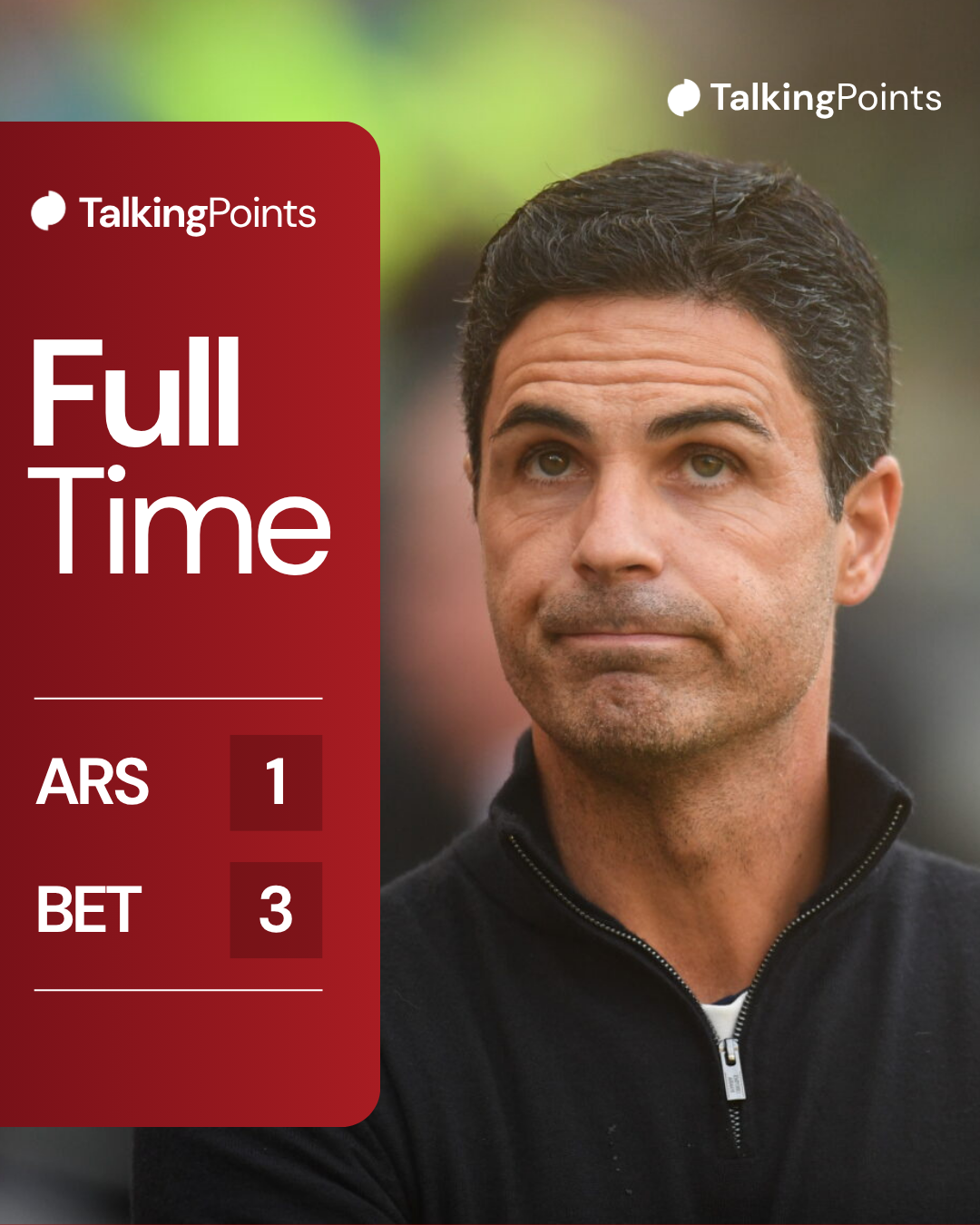 Image of Mikel Arteta looking on alongside the full-time score of Arsenal vs Real Betis