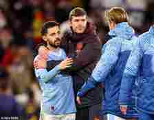 Bernardo Silva is consoled by team-mates after missing his penalty down the middle