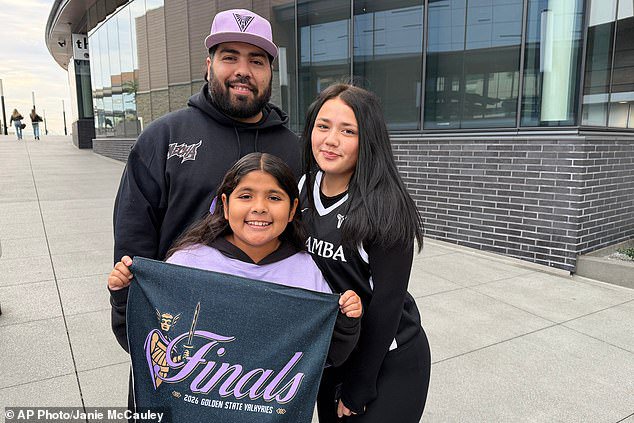 Joshua Padilla and daughters Malia, 10, and Mariah, 15, came from Santa Clara to attend the Golden State Valkyries' watch party on Thursday morning in San Francisco