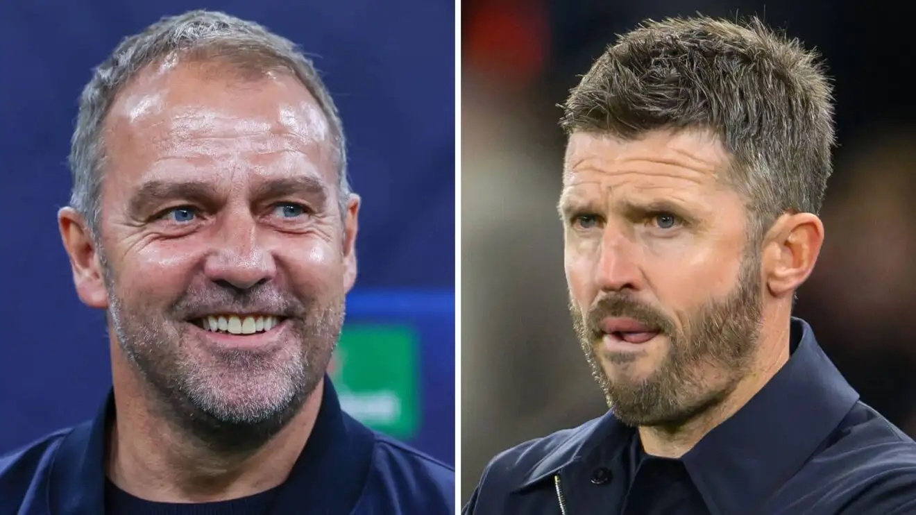 Split image of Barcelona manager Hansi Flick and Manchester United boss Michael Carrick - copyright F365