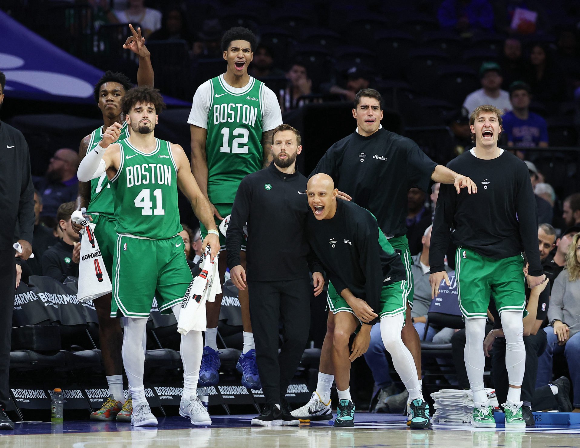 Oct 16, 2026; Philadelphia, Pennsylvania, USA; The Boston Celtics bench reacts after a score against the Philadelphia 76ers during overtime at Xfinity Mobile Arena. Mandatory Credit: Bill Streicher-Imagn Images