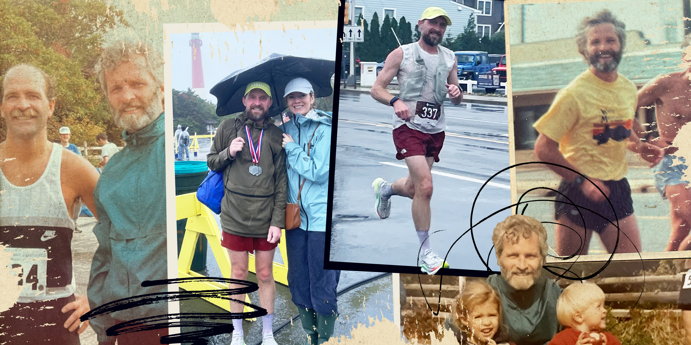 Collage of a man participating in running events over the years, showcasing medals and memorable moments with friends and family.