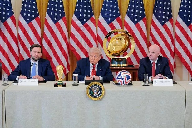 WASHINGTON, DC - MAY 06: (L-R) U.S. Vice President JD Vance, U.S. President Donald Trump and President of Fédération Internationale de Football Association (FIFA) Gianni Infantino participate in a meeting with the White House Task Force for the 2026 World Cup in the East Room of the White House on May 06, 2025 in Washington, DC. President Trump gathered the task force for the first time to hear from his Cabinet members in the ways their departments are preparing for the summer games. (Photo by Anna Moneymaker/Getty Images)