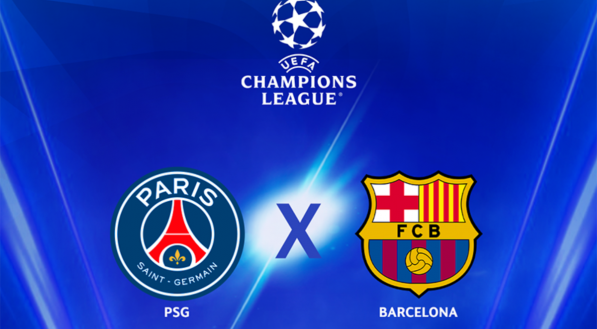 Imagem do card do jogo entre PSG e Barcelona pela Champions League
