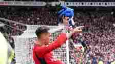 Manchester United's Antony celebrates scoring with Sonic the Hedgehog
