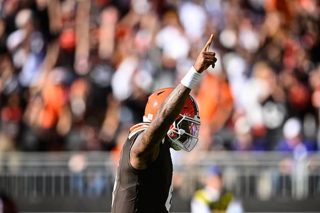 Cleveland Browns quarterback Deshaun Watson gestures after running back Audric Estime scored a touchdown during the second half of an NFL football game against the Baltimore Ravens in Cleveland, Sunday, Oct. 18, 2026. (AP Photo/David Richard)