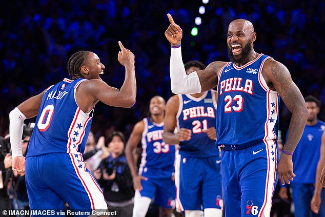James and Tyrese Maxey (left) celebrate as the Sixers come back from 27 down vs Cavaliers