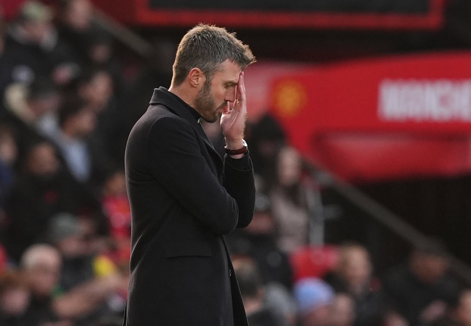 A dejected Manchester United manager Michael Carrick on the touchline during the 0-3 loss to Bournemouth at  Old Trafford on Sunday. Photograph: Martin Rickett/PA

