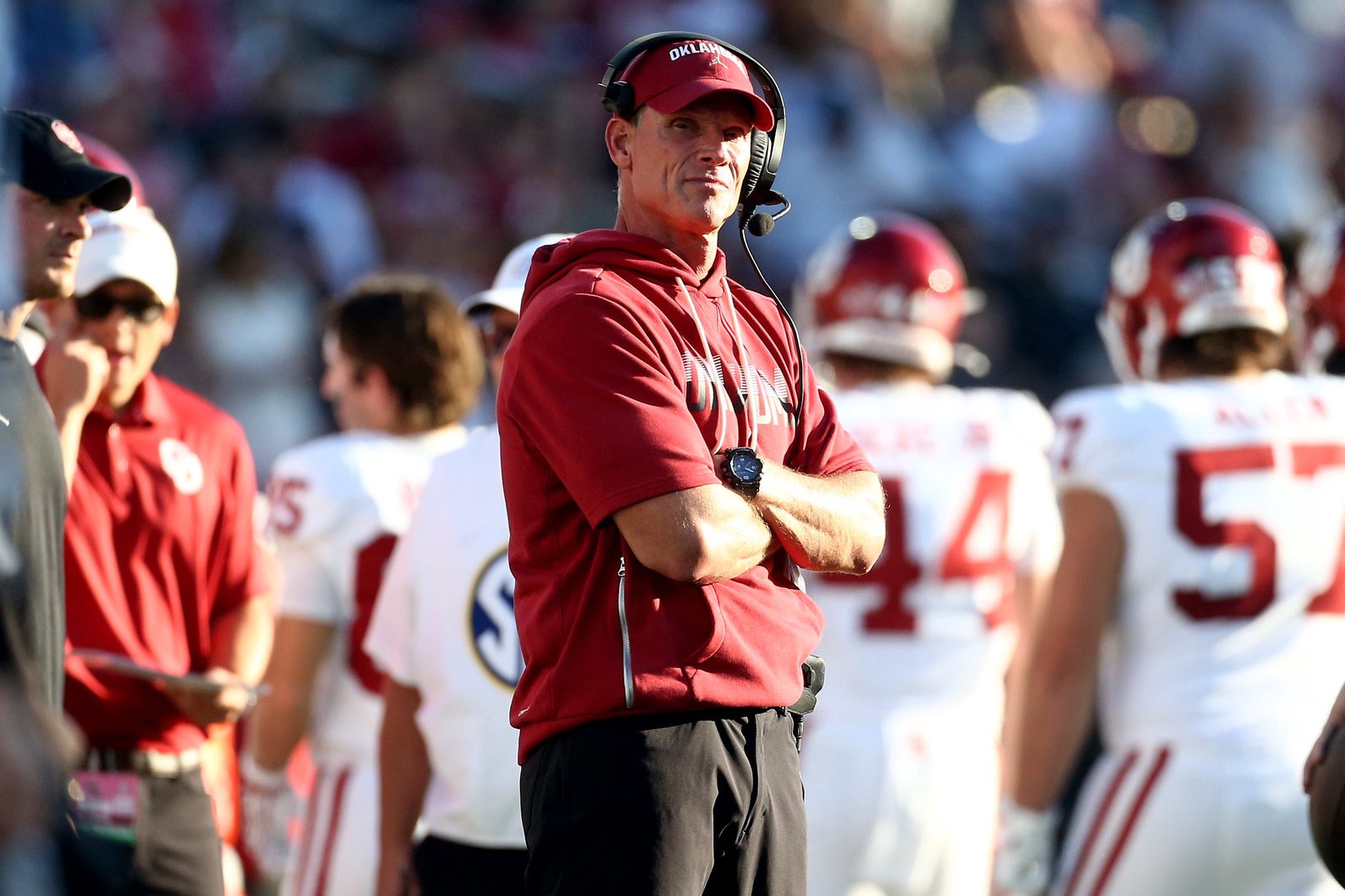 Oct 24, 2026; Starkville, Mississippi, USA;  Oklahoma Sooners head coach Brent Venables looks on during the third quarter against the Mississippi State Bulldogs at Davis Wade Stadium at Scott Field.  Mandatory Credit: Petre Thomas-Imagn Images