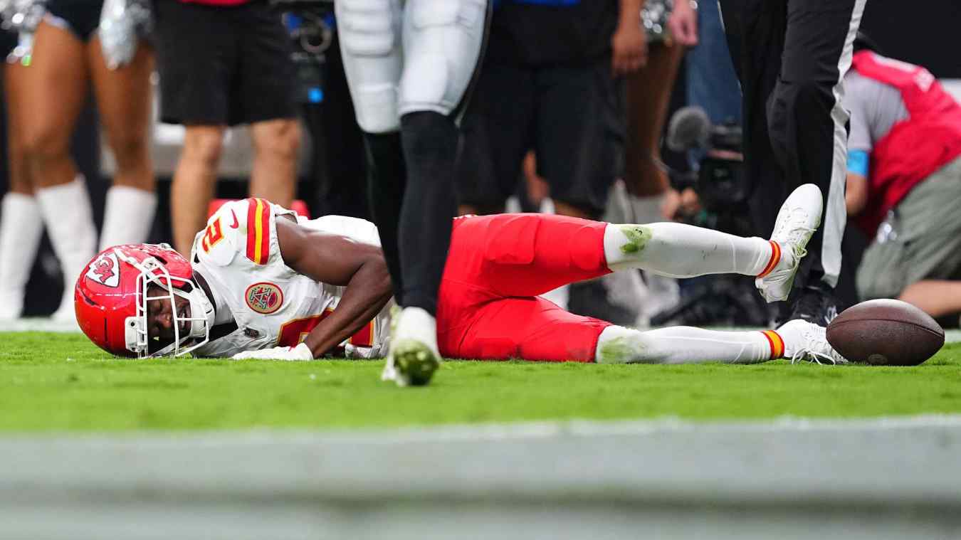 Tyquan Thornton #2 of the Kansas City Chiefs reacts after an injury against the Las Vegas Raiders during the fourth quarter at Allegiant Stadium on October 04, 2026 in Las Vegas, Nevada.