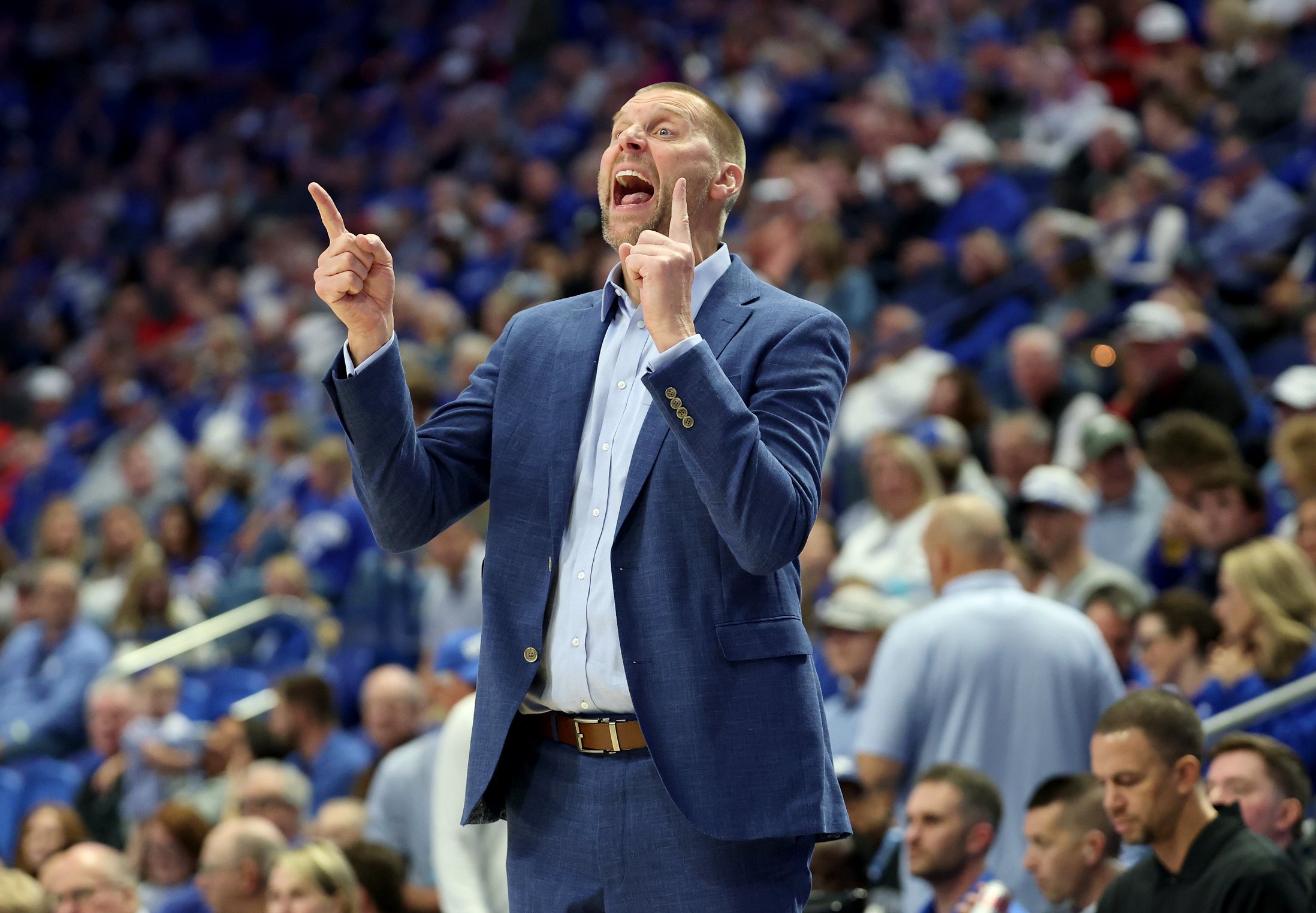 LEXINGTON, KENTUCKY - OCTOBER 23: Mark Pope the head coach of the  Kentucky Wildcats gives instructions to his team against the Texas Tech Red Raiders during the exhibition at Rupp Arena on October 23, 2026 in Lexington, Kentucky. (Photo by Andy Lyons/Getty Images)