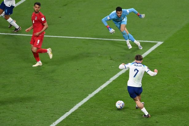 DOHA, QATAR - NOVEMBER 21: Jack Grealish of England scores their team's sixth goal during the FIFA World Cup Qatar 2022 Group B match between England and IR Iran at Khalifa International Stadium on November 21, 2022 in Doha, Qatar.