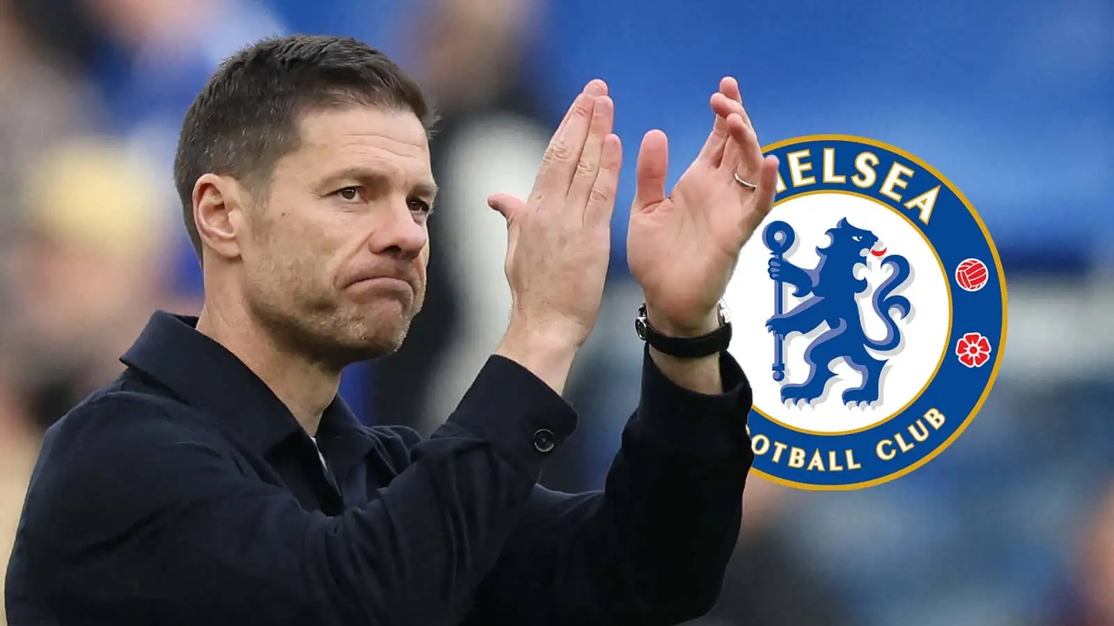 Chelsea manager Xabi Alonso next to the Chelsea badge - copyright TEAMtalk