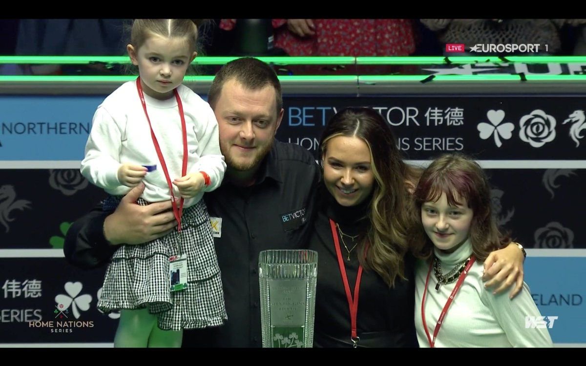 Mark Allen and his family in 2021 with the Alex Higgins trophy at the Waterford Hall