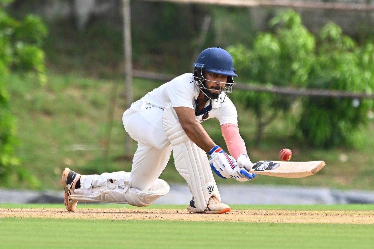 Hyderabad's Tanmay Agarwal in action during the 1st day of the Ranji Trophy match against Andhra at the ACA Stadium in Mulapadu, on Sunday, October 18, 2026.