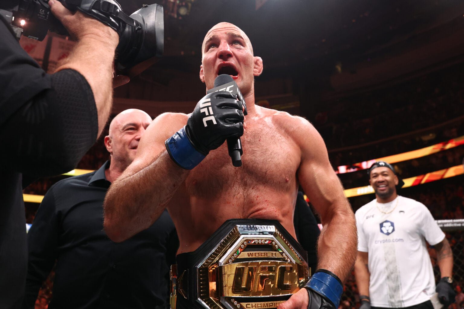 Sean Strickland speaks on the microphone following UFC 328 win