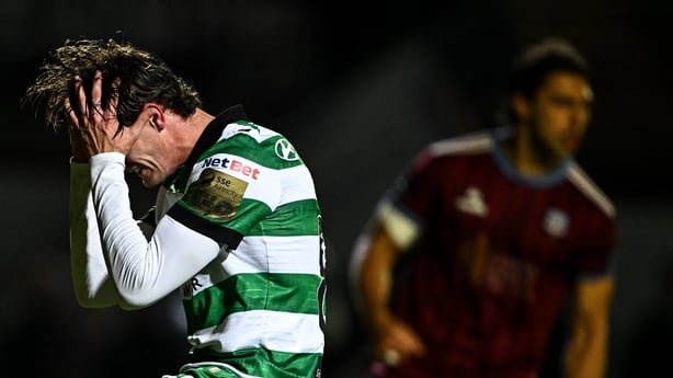 16 October 2026; John McGovern of Shamrock Rovers reacts to a missed opportunity during the SSE Airtricity Men's Premier Division match between Galway United and Shamrock Rovers at Eamonn Deacy Park in Galway. Photo by David Fitzgerald/Sportsfile