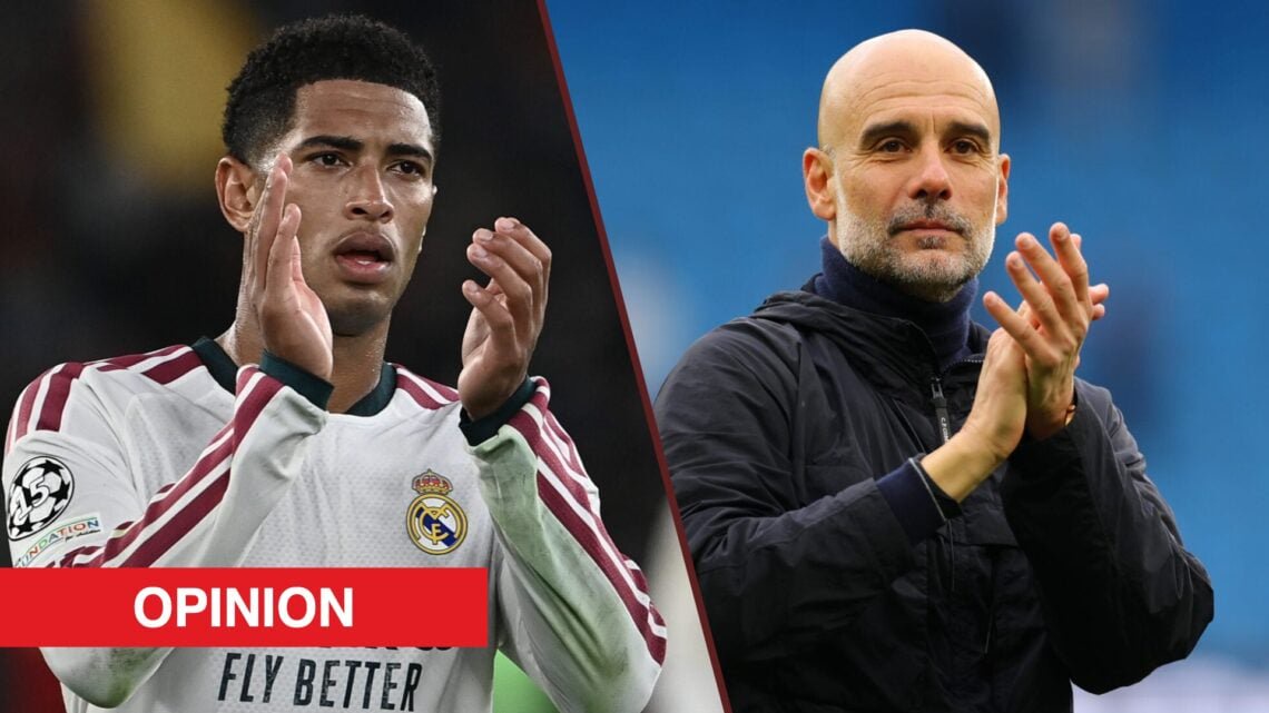 Real Madrid's Jude Bellingham and former Man City coach Pep Guardiola